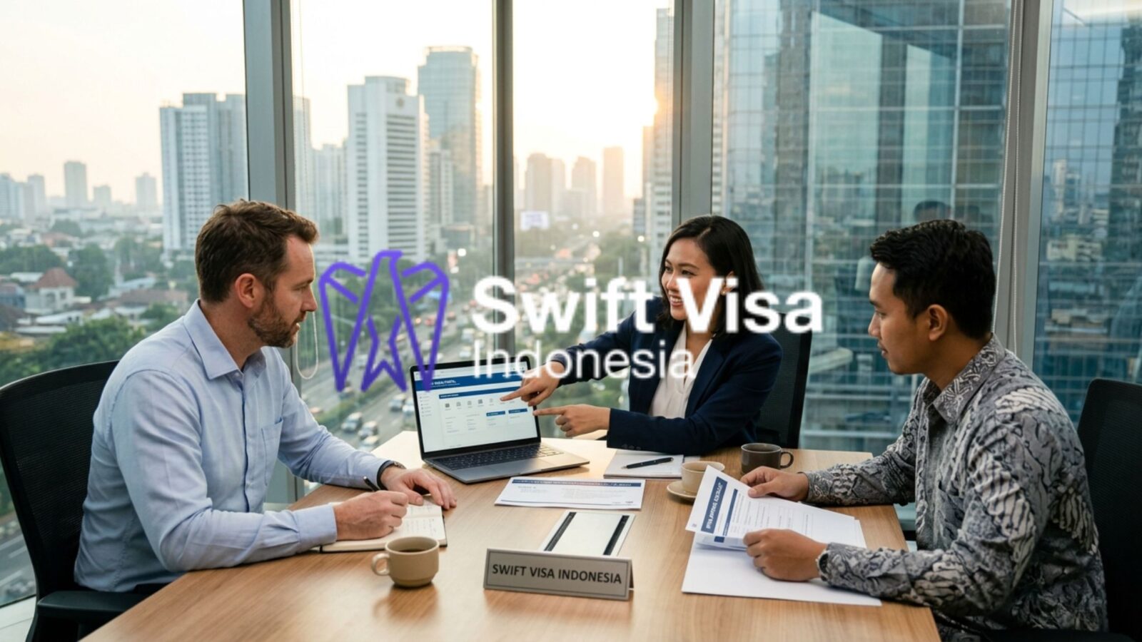 A collaborative HR team in a modern Jakarta office discussing the company sponsored work visa in Indonesia process.