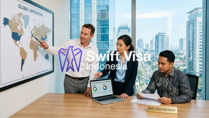 A senior HR Manager reviewing staff relocation visa documents for Indonesia with a Swift Visa consultant office.