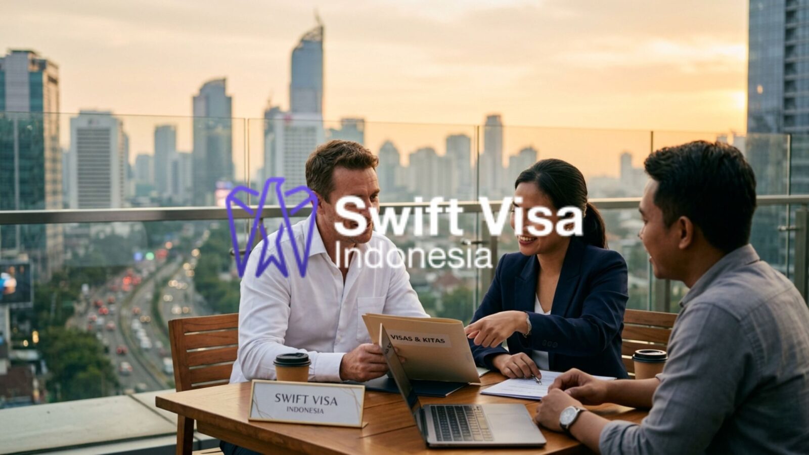 An Australian professional consulting with Swift Visa Indonesia experts on a rooftop office in Jakarta regarding working visa Indonesia and KITAS requirements.
