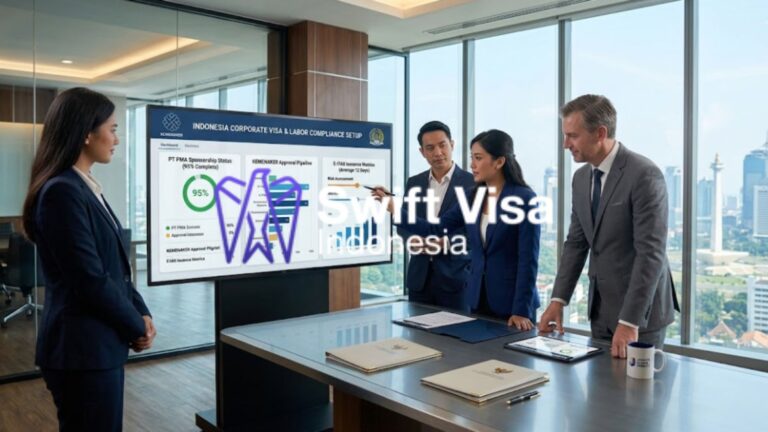 A multinational group of corporate investors and legal advisors reviewing a digital business blueprint on a tablet for 'COMPANY ESTABLISHMENT INDONESIA', set inside a high-end corporate office overlooking the Jakarta skyline.