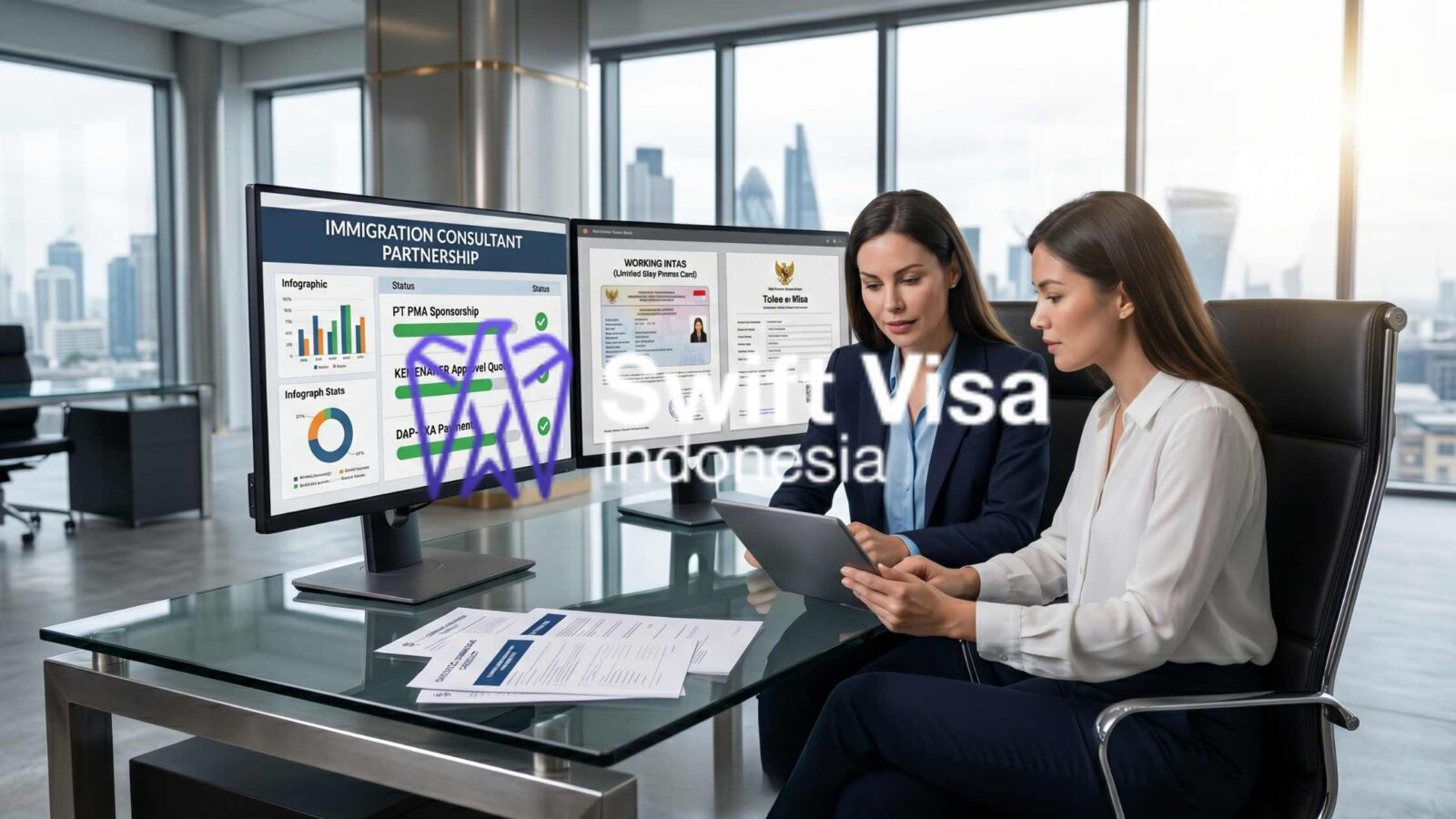 A multinational corporate mobility team collaborating around a conference table on a 'STRATEGIC IMMIGRATION ROADMAP' document, using a tablet to consult with specialized Indonesian immigration partners via a compliant dashboard, against a Jakarta and global city skyline.