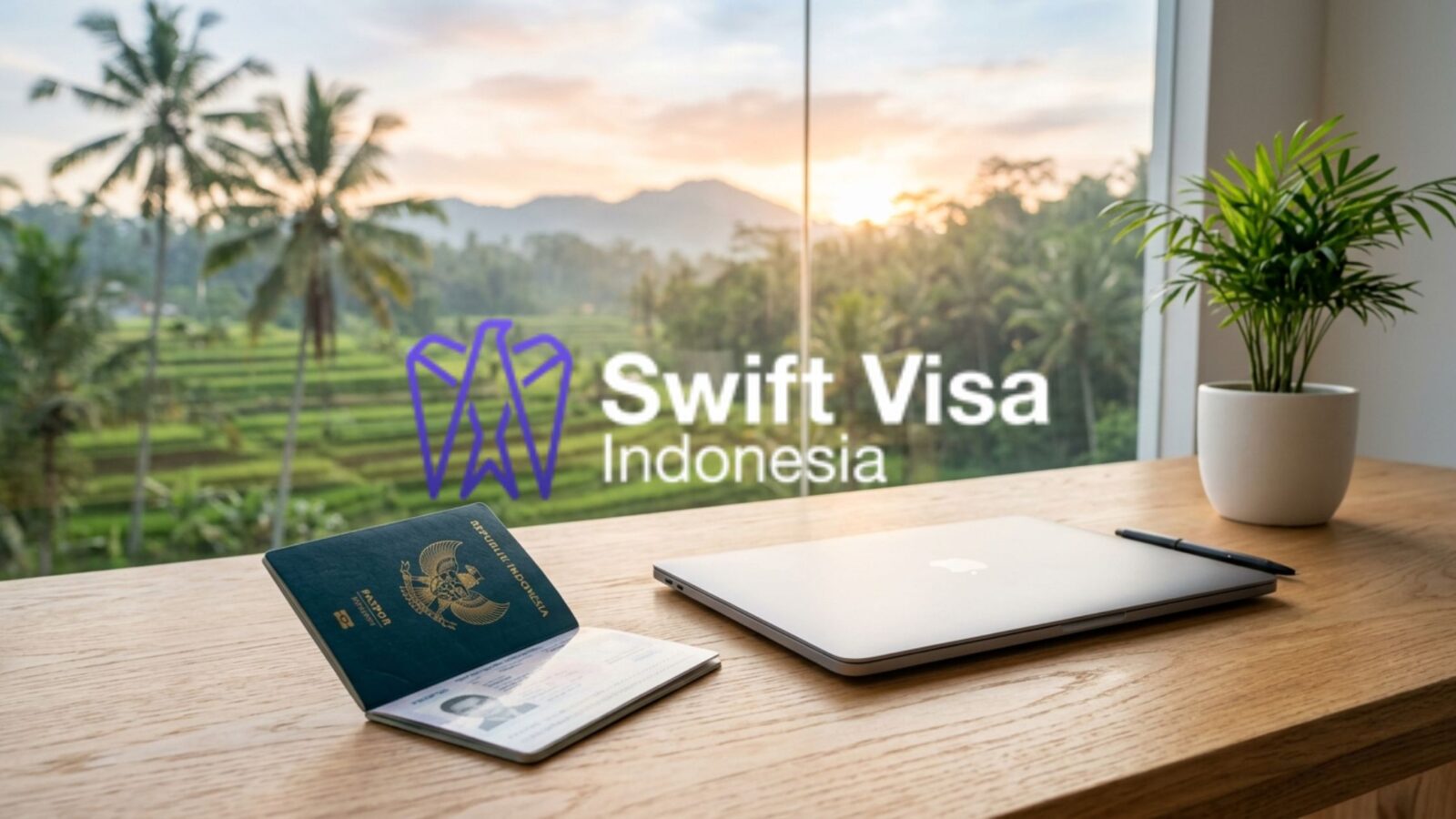 A sleek, modern corporate office interior in Bali with tropical greenery visible through the glass, featuring a digital tablet showing a workforce visa compliance checklist.