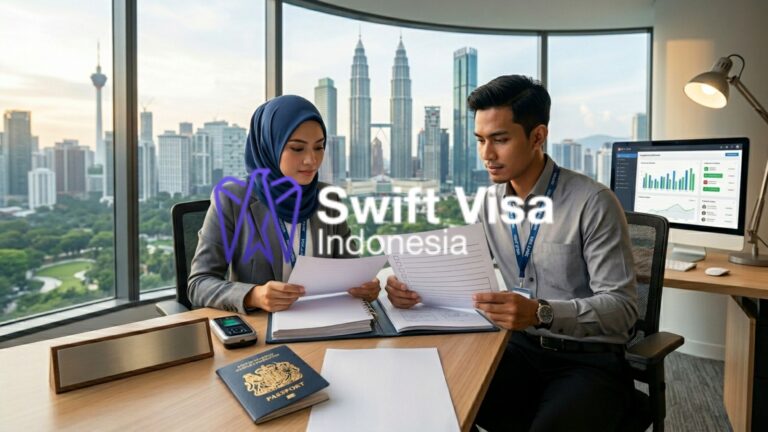 A senior HR Director from a multinational company, an internal legal counsel, and a Swift Visa compliance expert reviewing an interactive workforce compliance dashboard for enterprise work permits in Indonesia.