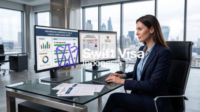 A global corporate mobility manager analyzing a digital compliance dashboard for a Foreign Employee Visa in Indonesia, showcasing approved working permit workflows, financial metrics, and corporate immigration documents in a high-end corporate office.