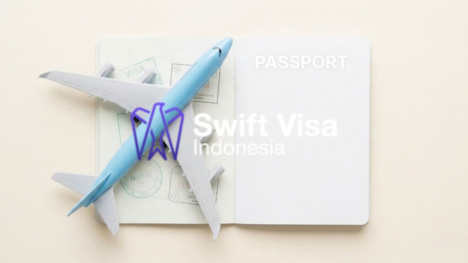 A minimalist view of a light blue model airplane on an open passport with visa stamps, representing enterprise work permit Indonesia solutions and global mobility.