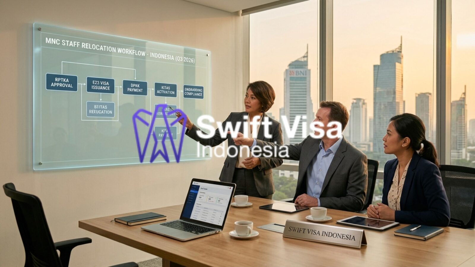 A senior HR Director from a Multinational Company reviewing a bulk staff relocation visa plan for Indonesia with a Swift Visa enterprise consultant.