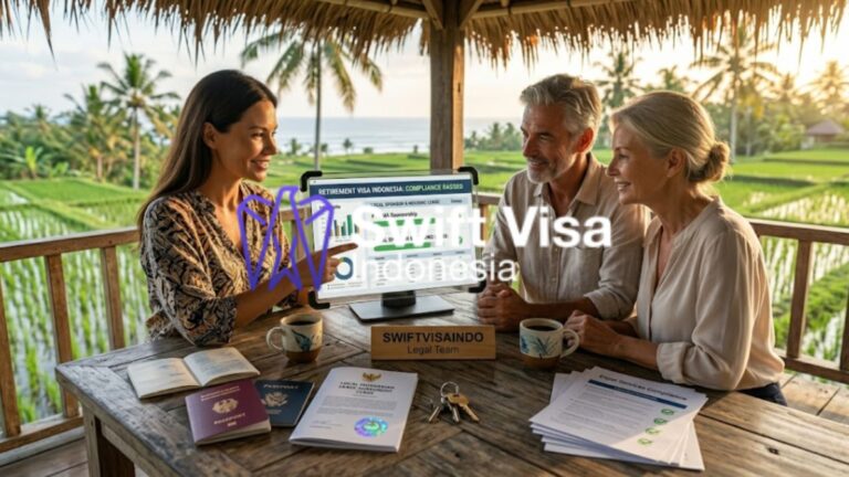 A laptop displaying a digital compliance dashboard alongside an open passport and a cup of coffee on a rustic wooden desk at an outdoor tropical cafe in Bali, representing natural expat lifestyle and legal stay pathways.