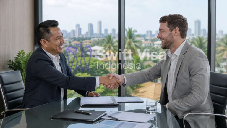 Indonesian HR director shaking hands with a foreign expert in a modern office, representing compliant Company Visa Sponsorship Indonesia and enterprise work permit solutions.