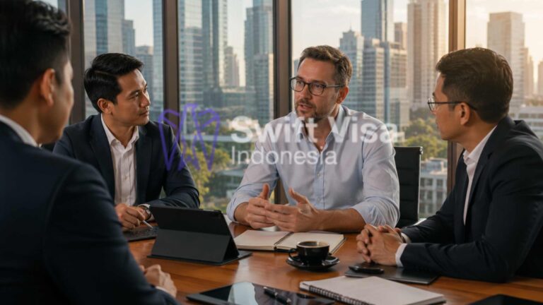 Foreign corporate executive attending a high-level business meeting in a modern Indonesian conference room, illustrating Business Visa Indonesia and Corporate Visa requirements.
