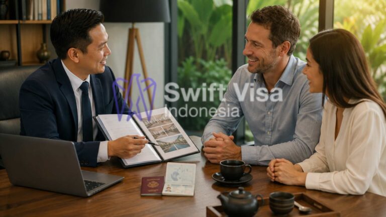 Foreign family and corporate executive consulting with an Indonesian immigration consultant in a luxury modern office, illustrating Business Immigration Solutions and Expat Services in Indonesia.