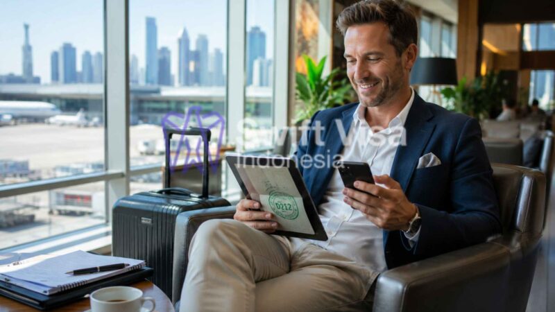 Foreign business executive checking a laptop in an airport lounge, ready for frequent travel with a Multiple Entry Visa Indonesia.